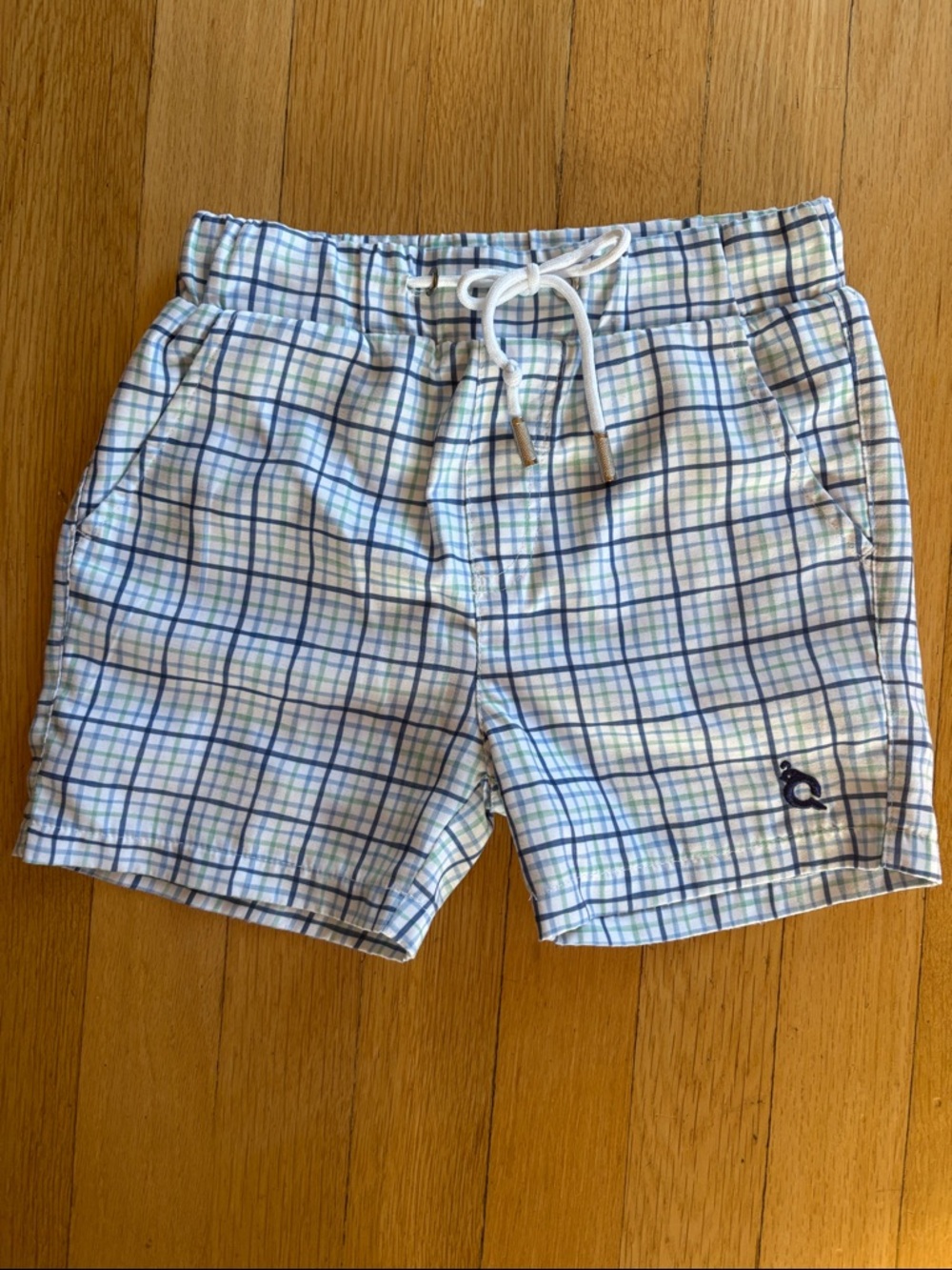 BlueQuail Boys, size 5, Plaid Swim Trunks with Drawstring and pockets